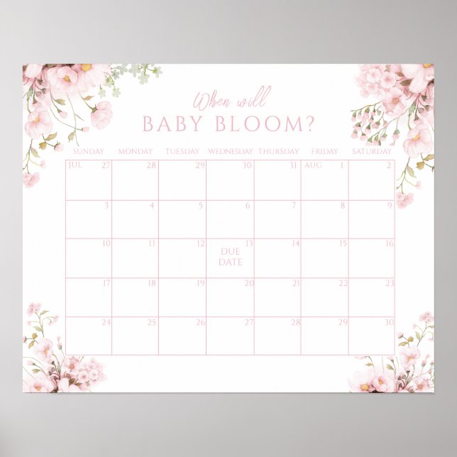 Poster Pink Floral Guess Due Date Baby Girl Bloom (Frente)