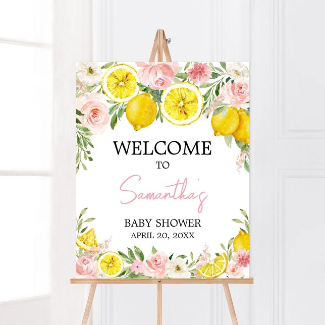 Poster Pink Floral Lemon Welcome (Summer Lemon Citrus Baby Shower Welcome Sign)