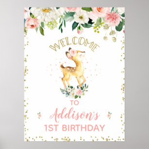Poster Pink Floral Oh Deer Birthday Party Welcome Sign