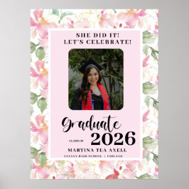 Poster Pink Floral Photo Graduation Party Welcome