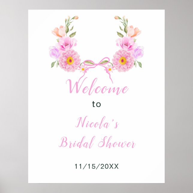 Poster Pink Floral Ribbon Bridal Shower Welcome (Frente)