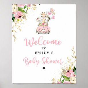 Poster Pink Floral Safari Animals Drive By Baby Shower