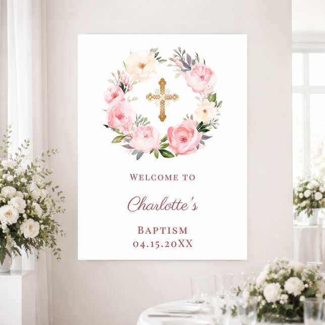 Poster Pink floral wreath Baptism welcome (Criador carregado)