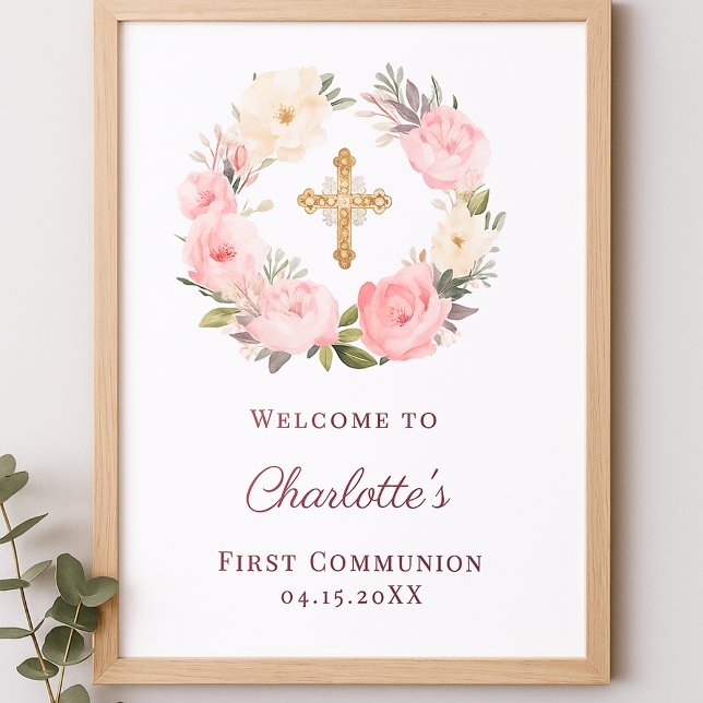 Poster Pink floral wreath First Communion welcome (Criador carregado)