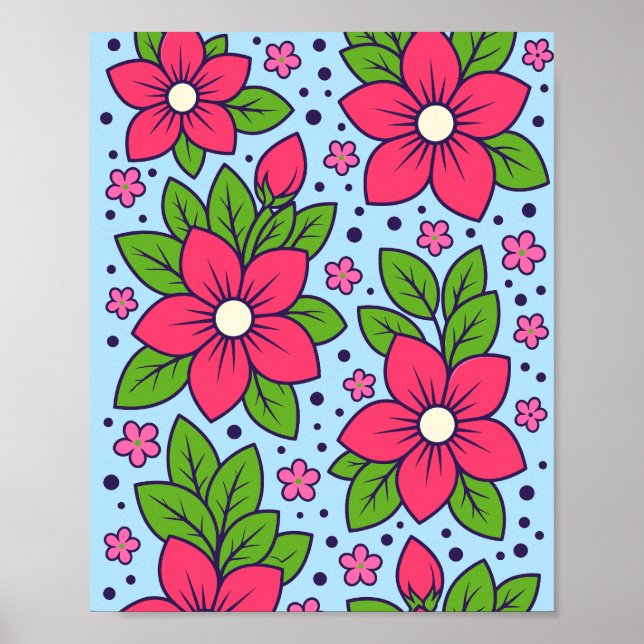 Poster Pink Florals with Bold Petals and Green Leaves (Frente)