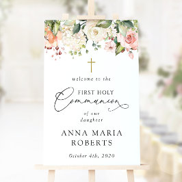 Poster Pink Flowers, Boho, First Holy Communion Welcome