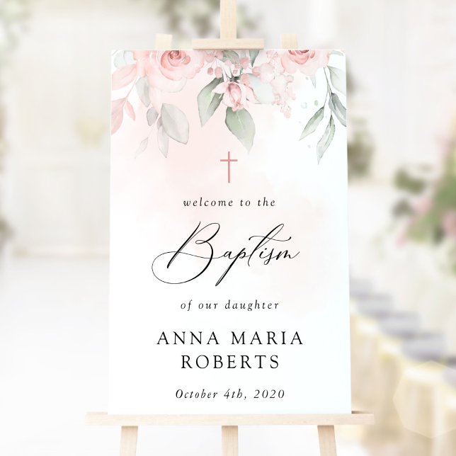 Poster Pink Flowers, Greenery, Boho, Baptism Welcome (Criador carregado)
