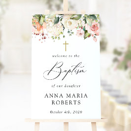 Poster Pink Flowers, White Flowers, Boho, Baptism Welcome