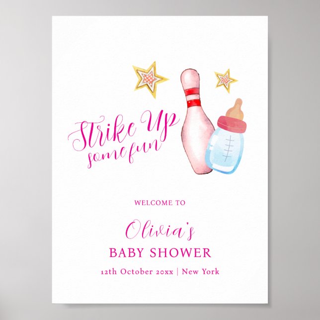 Poster Pink Fun Strike Up Bowling Baby Shower Welcome (Frente)