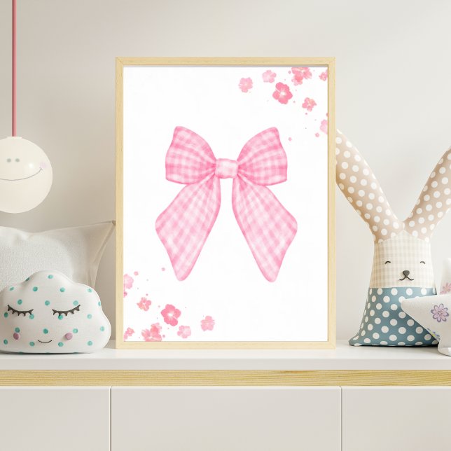 Poster Pink Gingham Bow Nursery Wall Art Floral Baby Girl (Criador carregado)