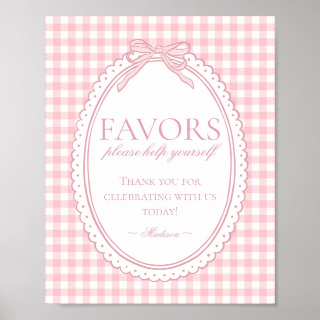 Poster Pink Gingham Coquette Bow Favors Sign (Frente)