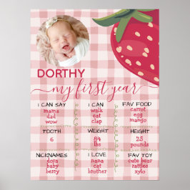 Poster Pink Gingham Strawberry First Birthday Milestone 