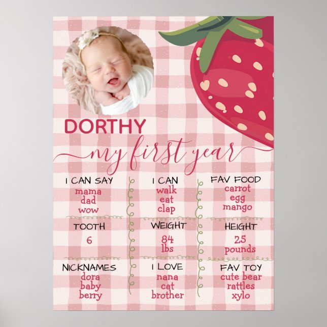 Poster Pink Gingham Strawberry First Birthday Milestone  (Frente)