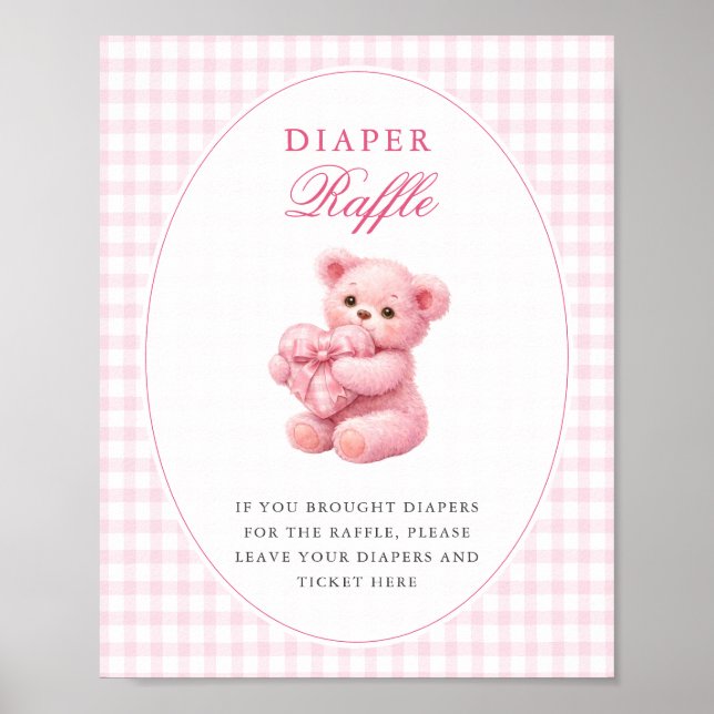 Poster Pink Gingham Teddy Bear Neutral Baby Shower (Frente)