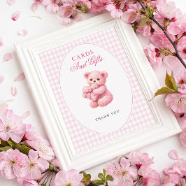 Poster Pink Gingham Teddy Bear Neutral Baby Shower