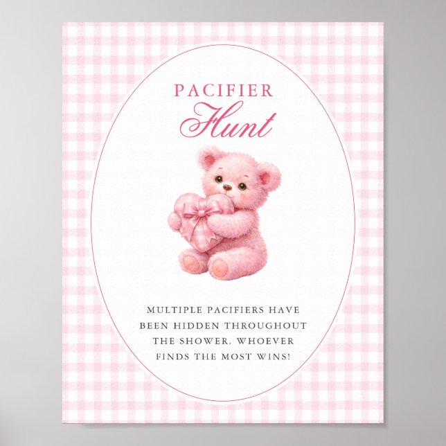 Poster Pink Gingham Teddy Bear Neutral Baby Shower (Frente)