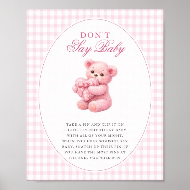 Poster Pink Gingham Teddy Bear Neutral Baby Shower (Frente)