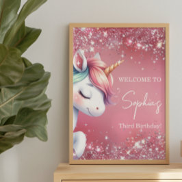 Póster Pink Glitter Rainbow Unicorn Birthday Welcome