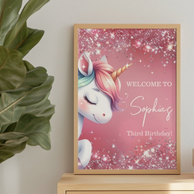 Póster Pink Glitter Rainbow Unicorn Birthday Welcome (Criador carregado)