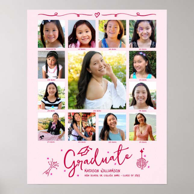 Poster Pink Graduation K–12 Photo Collage Red Doodles Fun (Frente)