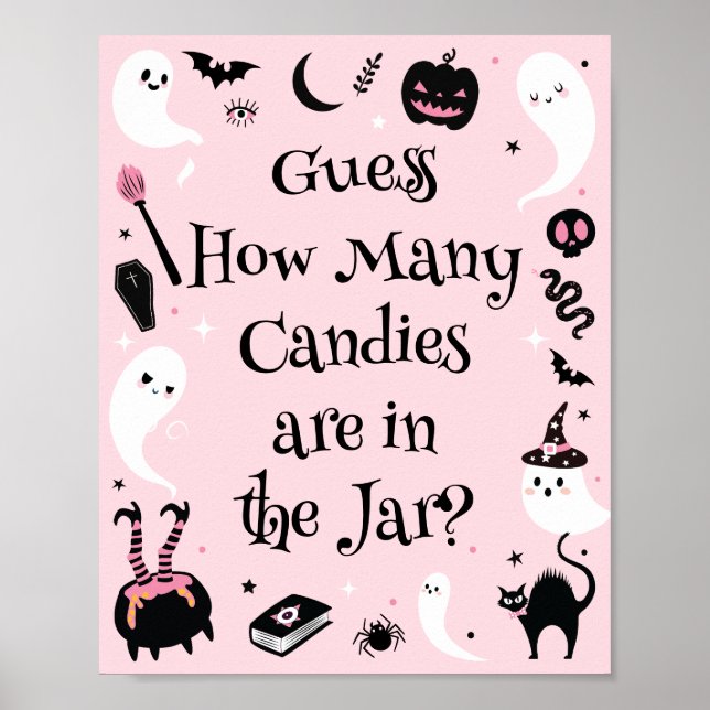 Poster Pink Halloween Baby Shower Guess How Many Candies (Frente)