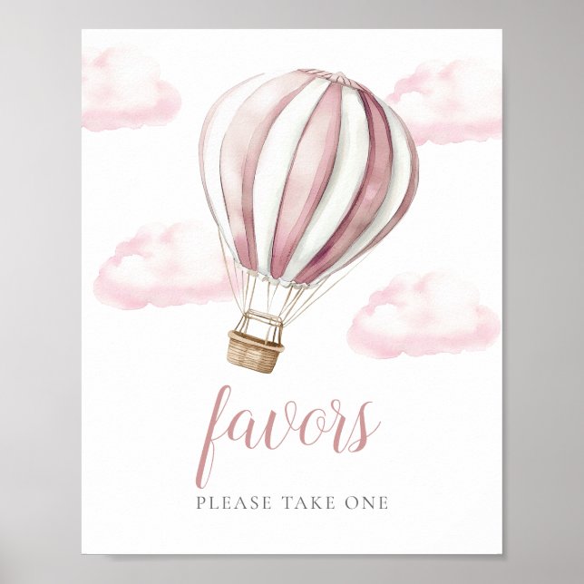 Poster Pink Hot Air Balloon Baby Shower Favors Sign (Frente)