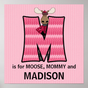 Póster Pink Moose Monogram Letter M Baby Room