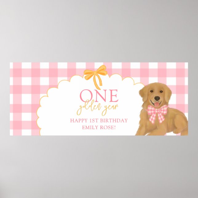Poster Pink One Golden Year Retriever Puppy 1st Birthday (Frente)
