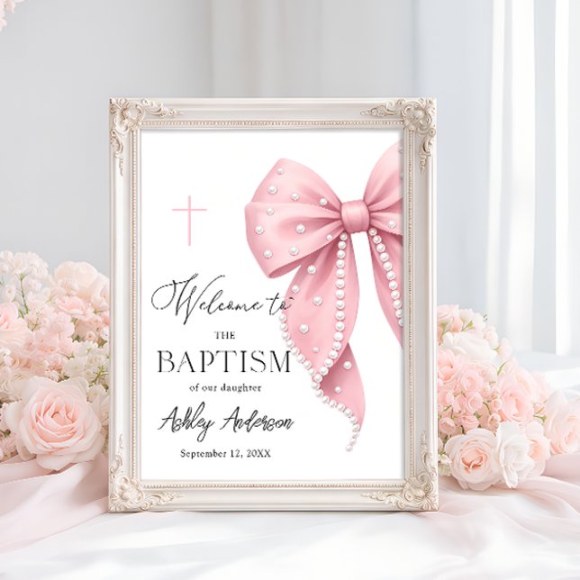 Poster Pink Pearl Bow Baptism Welcome  (Criador carregado)