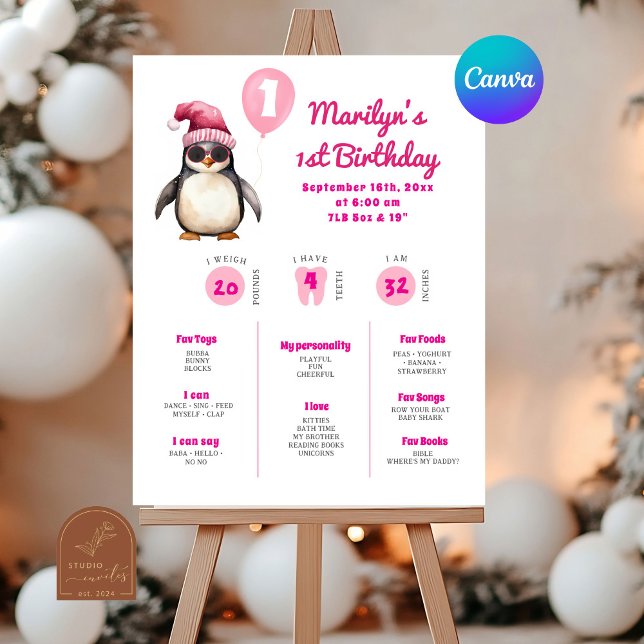 Poster Pink Penguin First Birthday Milestone (Criador carregado)