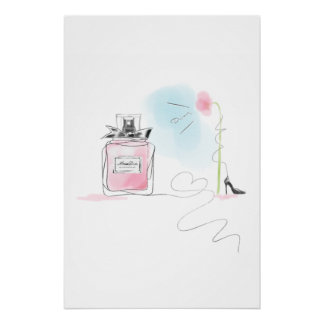 Póster Pink Perfume & Flower Watercolor Fashion Art