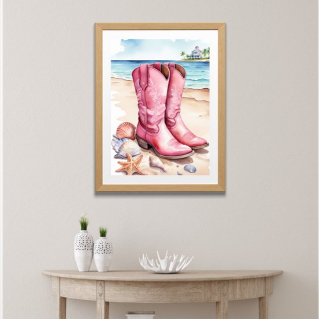 Poster Pink Preppy Costeira Boots Sand Ocean Beach (Pink Preppy Coastal Cowgirl Boots on the beach sand near the ocean seashells. Printed or Digital)
