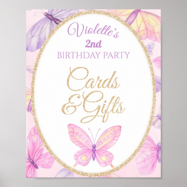 Poster Pink Purple Butterfly Birthday Party Cards Gifts (Frente)