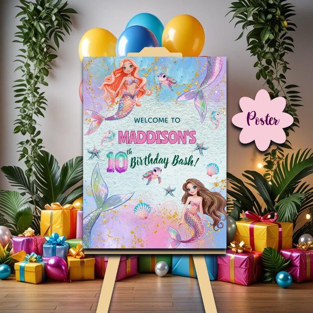 Poster Pink Purple Glitter Mermaids 10th Birthday Welcome (Criador carregado)