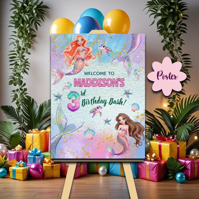 Poster Pink Purple Glitter Mermaids 3rd Birthday Welcome (Criador carregado)
