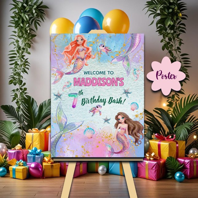 Poster Pink Purple Glitter Mermaids 7th Birthday Welcome (Criador carregado)