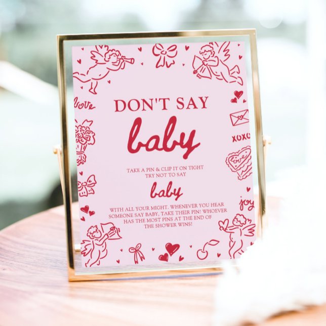 Poster Pink Red Valentine Baby Don't Say Baby Baby Shower (Pink Red Valentine Baby Don't Say Baby Baby Shower Sign)