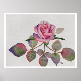 Poster Pink Rose with Abstract Leaves Watercolor