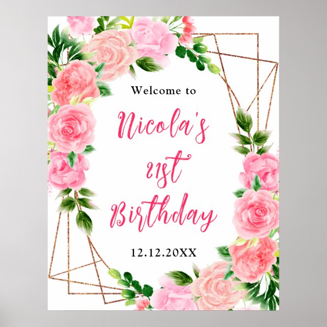 Poster Pink Roses with Foliage Birthday Welcome (Frente)