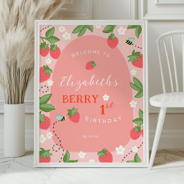 Poster Pink Strawberry Berry First Birthday Welcome