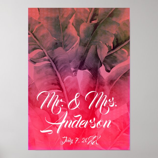 Poster Pink Tropical Summer Palm Sai do Casamento de Prai (Frente)