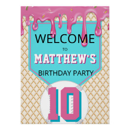 Póster Pink Turquoise Baseball Drip Birthday Welcome Sign