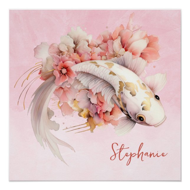 Póster Pink Watercolor Dourado Koi Fish Floral Personaliz (Frente)