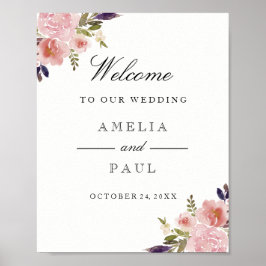 Póster Pink Watercolor Peonies Sinal de Boas-vindas
