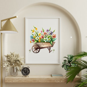 Poster Pink White Yellow Purple Flowers in Wheel Barrel