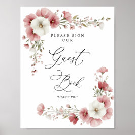 Poster Pink Wild Flowers Bridal Shower Guest Book Sign