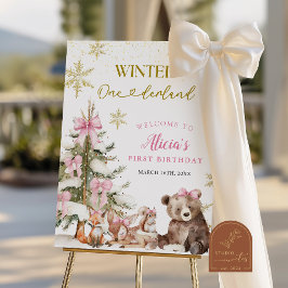 Poster Pink winter onederland woodland welcome sign