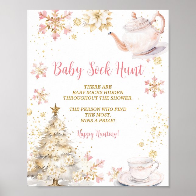 Poster Pink Winter Tea Party Baby Shower Baby Sock Hunt (Frente)