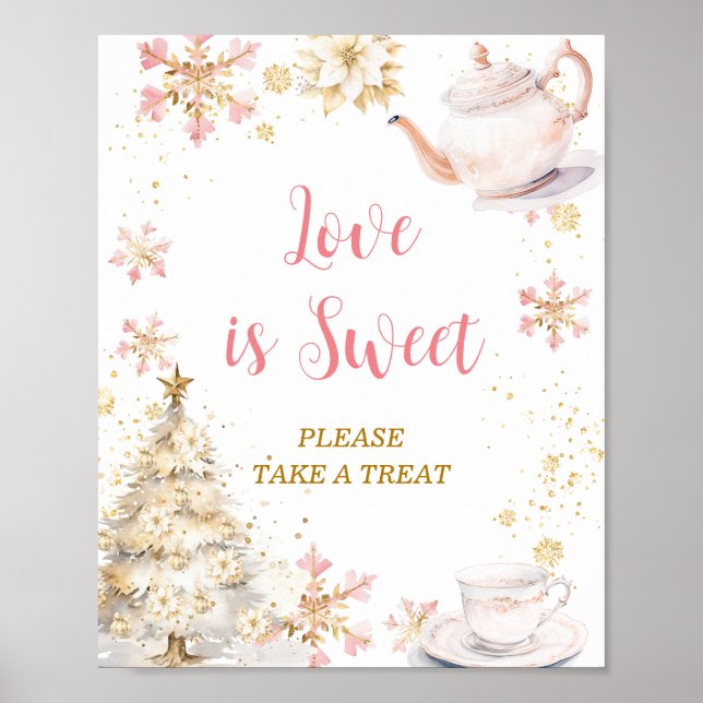 Poster Pink Winter Tea Party Baby Shower Love is Sweet (Frente)