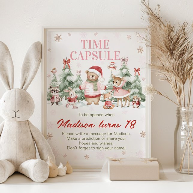 Poster Pink Winter Woodland Birthday Time Capsule Sign (Criador carregado)